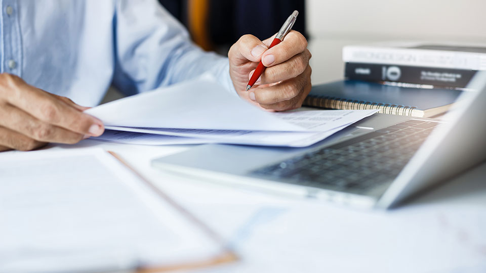 Person holding pen checking financial report.